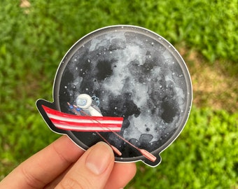 Moon Vinyl Sticker | Astronaut rowing to the moon watercolor vinyl sticker