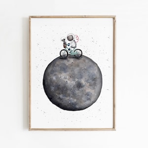 月面で自転車に乗る宇宙飛行士の水彩画アートプリント：子供部屋の壁飾り 画像 6