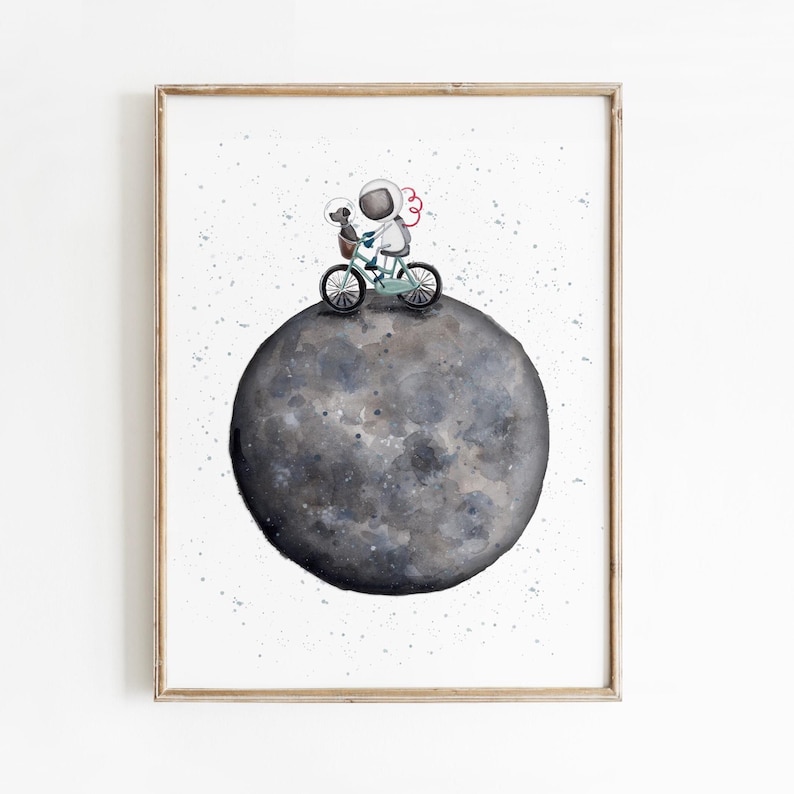 月面で自転車に乗る宇宙飛行士の水彩画アートプリント：子供部屋の壁飾り 画像 6