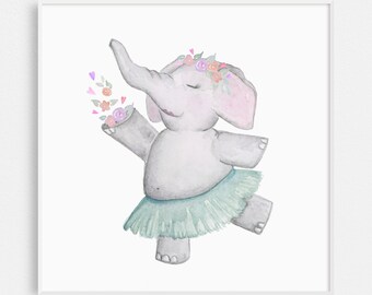 Watercolor Elephant Art Print | Nursery Wall Decor | Elephant Flower Ballerina Children's Illustration | Elephant Ballerina Painting | Baby