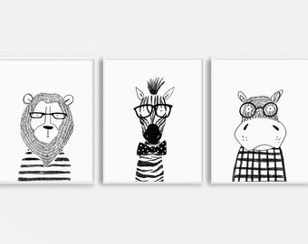 Animal Illustrations Set of 3 | Nursery Wall Art | Animals in Glasses Quirky Children's Illustration | Animal Wall Art | Black and White