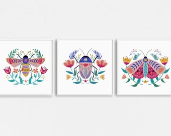 Insect Folk Art Set of 3 | Botanical Illustration Wall Art | Colorful Bee Prints | Beetle Floral Wall Art | Moth Bohemian Wall Decor