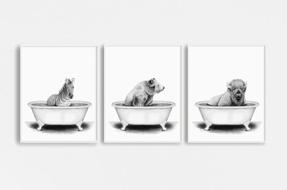 GHJKL Set di immagini in bianco e nero, immagini da bagno, immagini con  animali in vasca da bagno, in bianco e nero, vintage, poster per bagno,  decorazione per la casa, senza cornice (