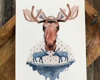 Aquarell Elch Kunstdruck: Albernes Tier im Winterpulli