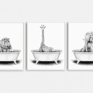 Animals in a Bathtub Illustrations Set of 3 | Nursery Wall Art | Animals in a Tub Children&#39;s Illustration | Funny Animal Bathroom Wall Art