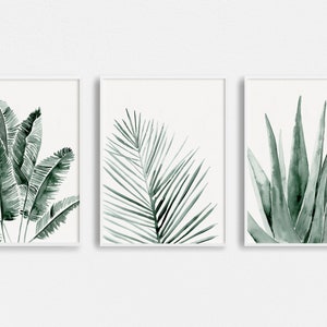 Watercolor Tropical Leaves Set of 3 | Botanical Wall Art | Tropical Leaf Prints | Fan Palm Leaf Wall Art | Aloe Plant Art | Banana Leaf Art