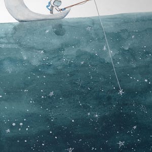 Astronaut Fishing for Stars Moon Watercolor Print: Celestial Nursery Art image 4