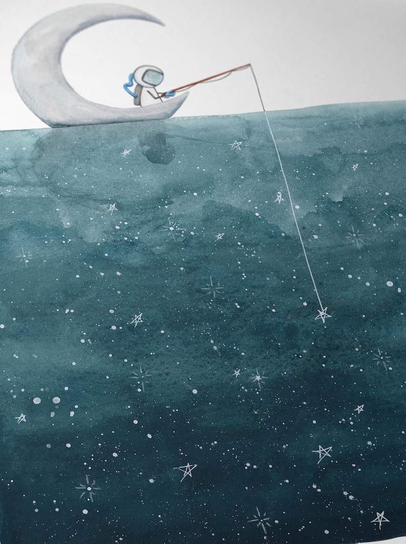 Astronaut Fishing for Stars Moon Watercolor Print: Celestial Nursery Art image 4