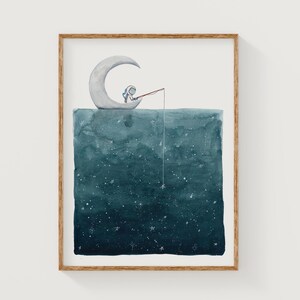 Astronaut Fishing for Stars Moon Watercolor Print: Celestial Nursery Art image 5