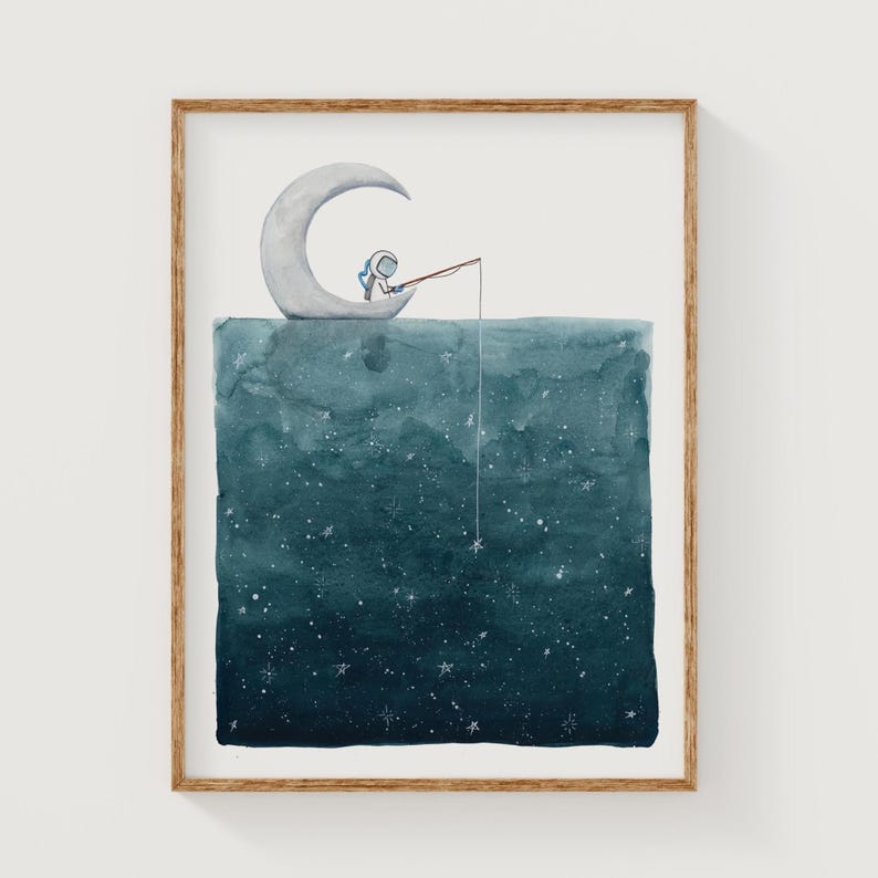 Astronaut Fishing for Stars Moon Watercolor Print: Celestial Nursery Art image 5