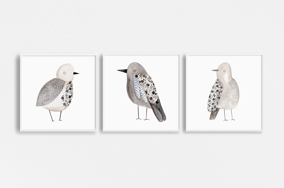 Birds Folk Art Set of 3 Quirky Birds Illustration Wall Art Neutral Bird Prints Bird Floral Wall