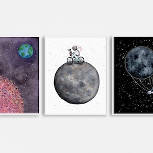 Space Illustrations Set of 3 | Nursery Wall Art | Celestial Moon Children's Illustration | Astronaut Wall Art | Moon and Stars Kids Art