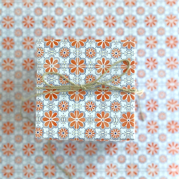 Watercolor Tile Gift Wrap Sheets | Floral Orange Tile Wrapping Paper | Tile Pattern | 20"x29" | 3 sheets | Orange and Blue Flower Tile