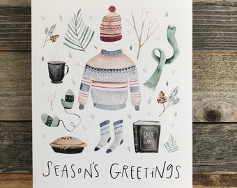 Winter Essentials Christmas Card | Cozy Season's Greetings Card | A2 Folded Christmas Card | Holiday Sweater and Warm Clothes Card