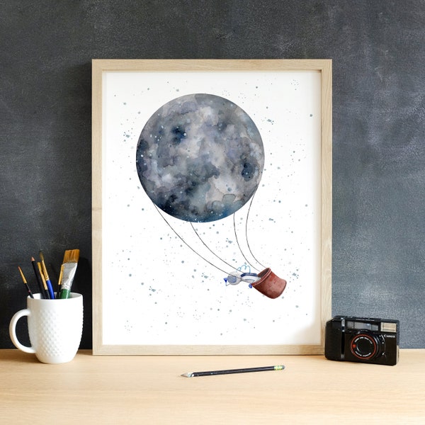 Watercolor Moon Hot Air Balloon Art Print | Nursery Wall Art | Watercolor Astronaut Print | Space Art Children's Illustration