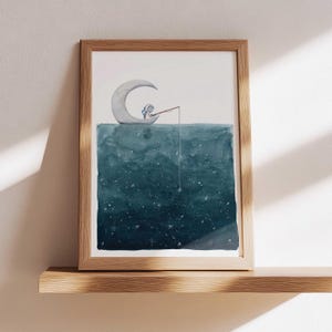 Astronaut Fishing for Stars Moon Watercolor Print: Celestial Nursery Art image 3