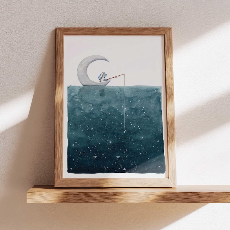 Astronaut Fishing for Stars Moon Watercolor Print: Celestial Nursery Art image 3