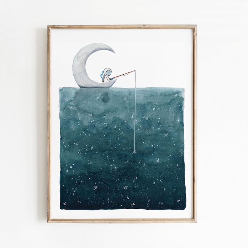 Astronaut Fishing for Stars Moon Watercolor Print: Celestial Nursery Art image 1