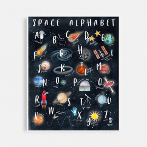 宇宙アルファベットポスター | 保育園の壁アート | 水彩宇宙飛行士プリント | ベビールームの装飾 | 宇宙アート子供用イラスト