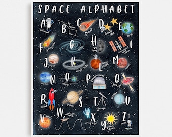 Space Alphabet Poster | Nursery Wall Art | Watercolor Astronaut Print | Baby Room Decor | Space Art Children's Illustration