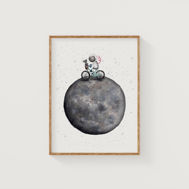 月面で自転車に乗る宇宙飛行士の水彩画アートプリント：子供部屋の壁飾り 画像 3