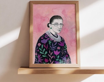 RBG Portrait Illustration Art Print | Floral Ruth Bader Ginsberg Print | Inspirational Decor
