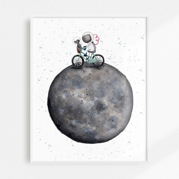 Astronaut Biking on the Moon Art Print | Nursery Wall Art | Watercolor Astronaut Print | Baby Room Decor | Space Art Children's Illustration