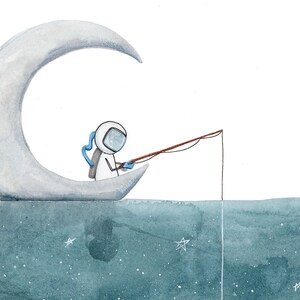 May include: A watercolor illustration of an astronaut fishing from a crescent moon boat in a starry sea.