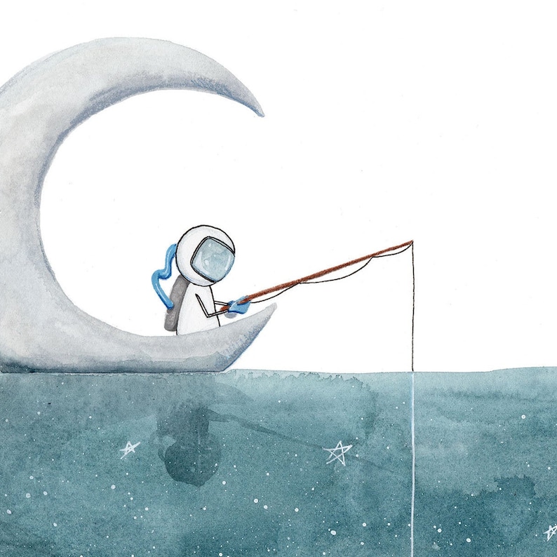 May include: A watercolor illustration of an astronaut fishing from a crescent moon boat in a starry sea.
