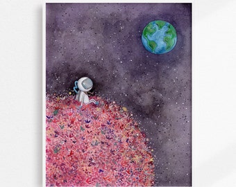 Girl Astronaut Sitting on Flower Moon | Watercolor Celestial Nursery Art Print | Quirky Astronaut Decor | Space Art Children's Illustration