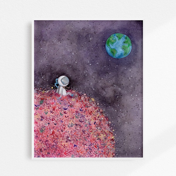 Girl Astronaut Sitting on Flower Moon | Watercolor Celestial Nursery Art Print | Quirky Astronaut Decor | Space Art Children's Illustration
