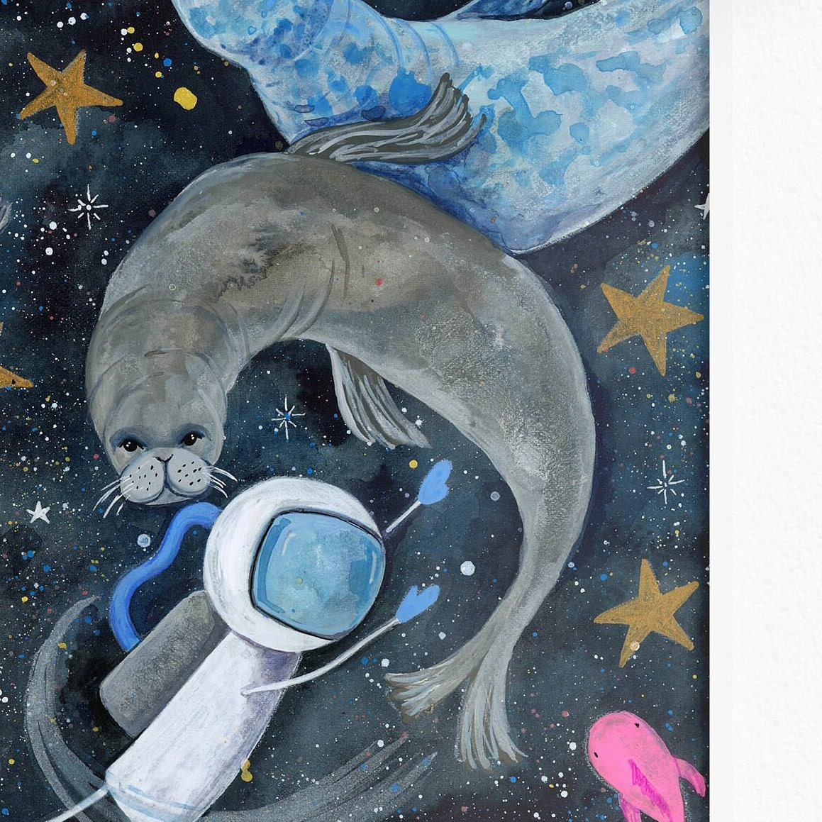 宇宙飛行士と宇宙のアザラシの水彩画 - Etsy 日本