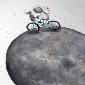 月面で自転車に乗る宇宙飛行士の水彩画アートプリント：子供部屋の壁飾り 画像 4