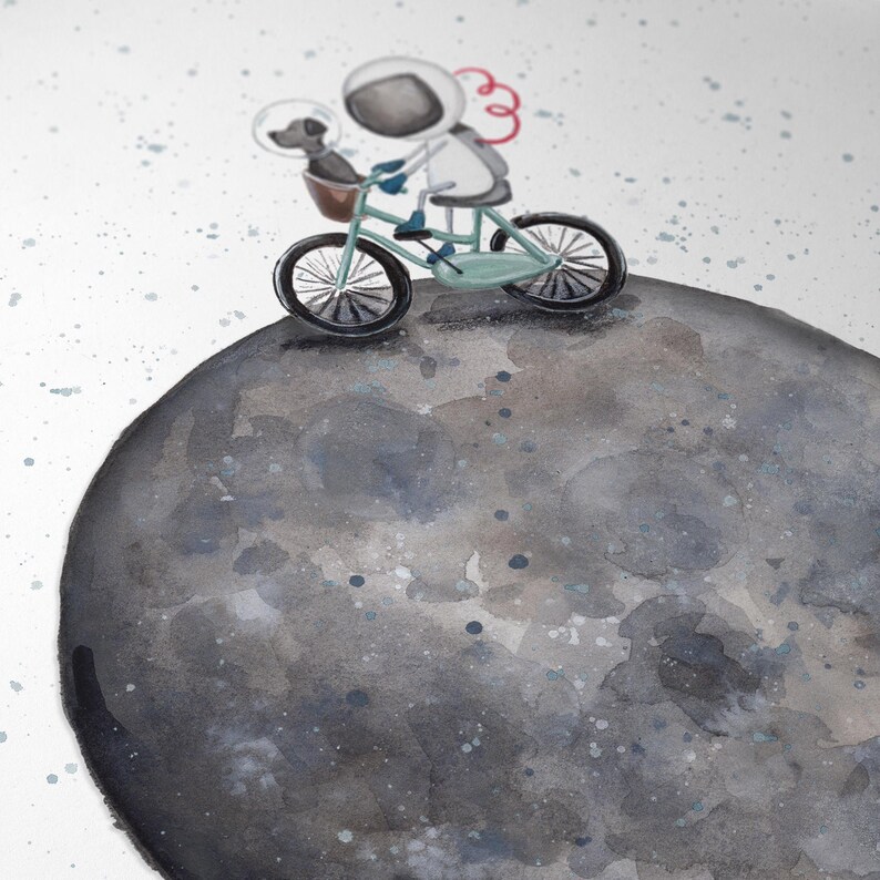 月面で自転車に乗る宇宙飛行士の水彩画アートプリント：子供部屋の壁飾り 画像 4