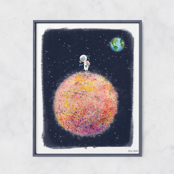 Download | Smell the Flowers Moon Watercolor Printable | Astronaut Nursery Wall Art | Baby Room Decor | Space Art Children's Illustration