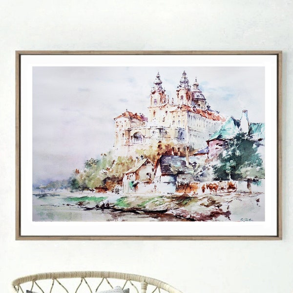 Watercolor Original Painting poster Instant download printable art Aquarelle painting Stift Melk Austria Castle Painting poster JPEG File