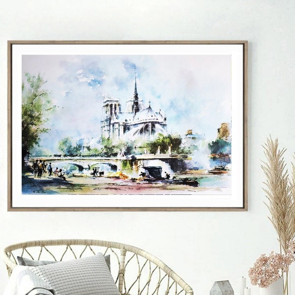 Watercolor Original Painting poster Instant download printable art Aquarelle painting Paris Architecture Canal JPEG File downloadable art