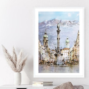 Watercolor Original Painting poster Instant download printable art Aquarelle painting Innsbruck Austria Architecture painting JPEG File art