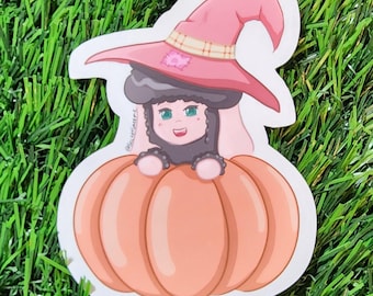 Pumpkin Witch Sheep Vinyl Sticker: Kawaii Autumn Decal