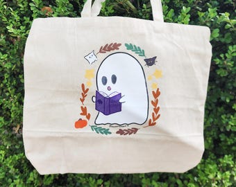 Ghostie Bookworm Canvas Tote Bag: Spooky Book Lover Gift