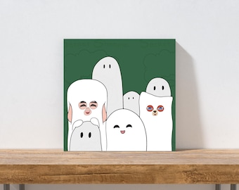 Ghostie & Friends Kawaii Ghost Art Print – Cozy Spooky Decor 5x5 Inch