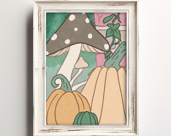 Mushroom & Pumpkin Art Print: Autumn Cottagecore Illustration