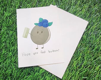 Tarjeta de felicitación "Esperamos que te sientas bien" con forma de panqueque de mantequilla: una linda tarjeta kawaii en blanco para sonreír y sentirte mejor.