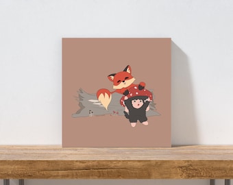 Woodland Friends Art Print – Fox, Sheep, Mushroom Illustration, Cozy Decor