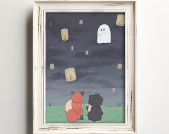 Lantern Festival Art Print: Sheepie, Foxy & Ghostie Illustration