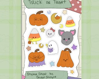 Kawaii Halloween Sticker Sheet – Hand-Drawn Trick-or-Treat Journal Art (4x6 Inch)