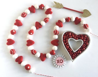 SWEET LOVE Valentine's Day Felt Balls Garland, Bunting, Party Banner-Red Hearts, White, Red with White Polka Dots + Swirls