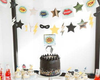 SUPERHERO Birthday Party Hanging Garlands Banners, Superhero Super Hero Garland, Zap Pow Wham Garland