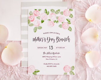 Blush Pink + Green Mother's Day Brunch Invitation, Bridal Wedding Shower, Baby Shower, Garden Party Pink Watercolor Flower Floral Peony Rose