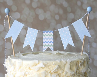 Baby Blue Wave/Polka Dot Birthday Shower Cake Bunting Pennant Flag Cake Topper-MANY Colors to Choose From!  Birthday, Shower Cake Topper